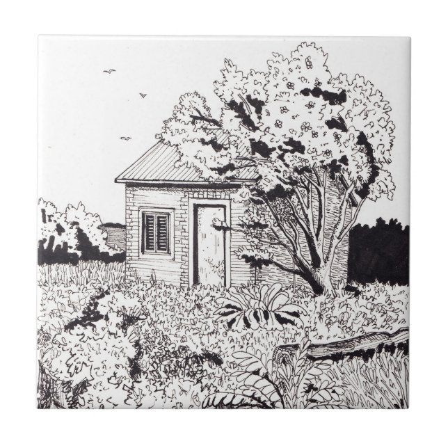 Tiny Farmhouse Botanical Garden Pen Ink Drawing Tile (Front)