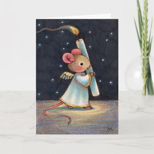 Tiny Flame - Cute Christmas Angel Mouse Art Holiday Card (Front)
