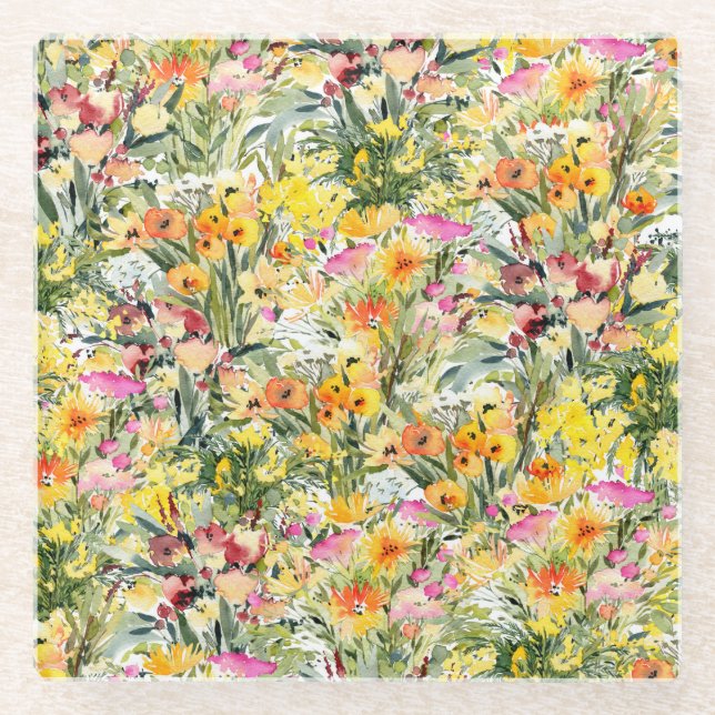 Tiny Flowers Field: Bright Watercolor. Glass Coaster (Front)