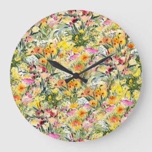 Tiny Flowers Field: Bright Watercolor. Large Clock