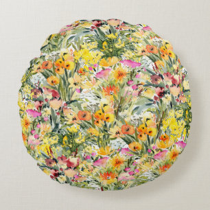 Tiny Flowers Field: Bright Watercolor. Round Cushion