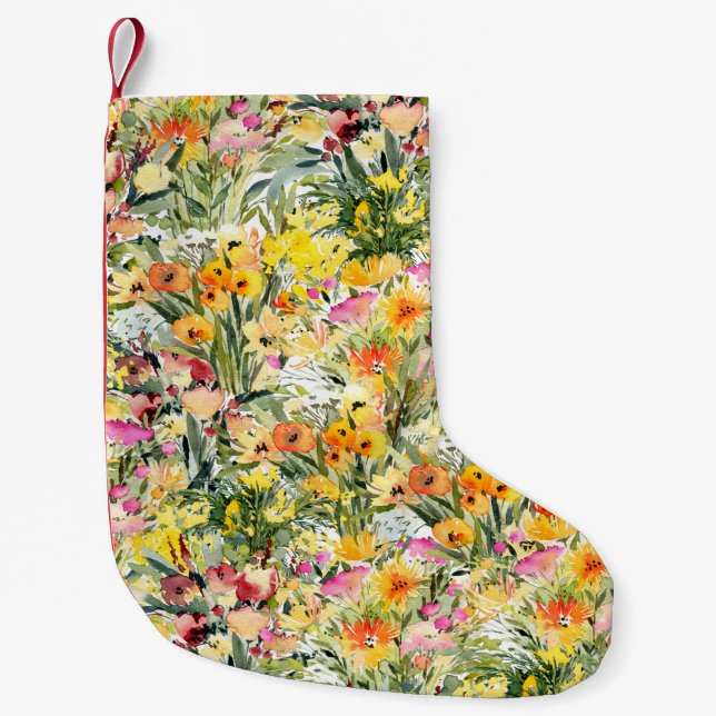 Tiny Flowers Field: Bright Watercolor. Small Christmas Stocking (Front)