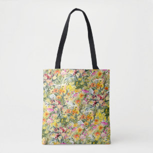 Tiny Flowers Field: Bright Watercolor. Tote Bag