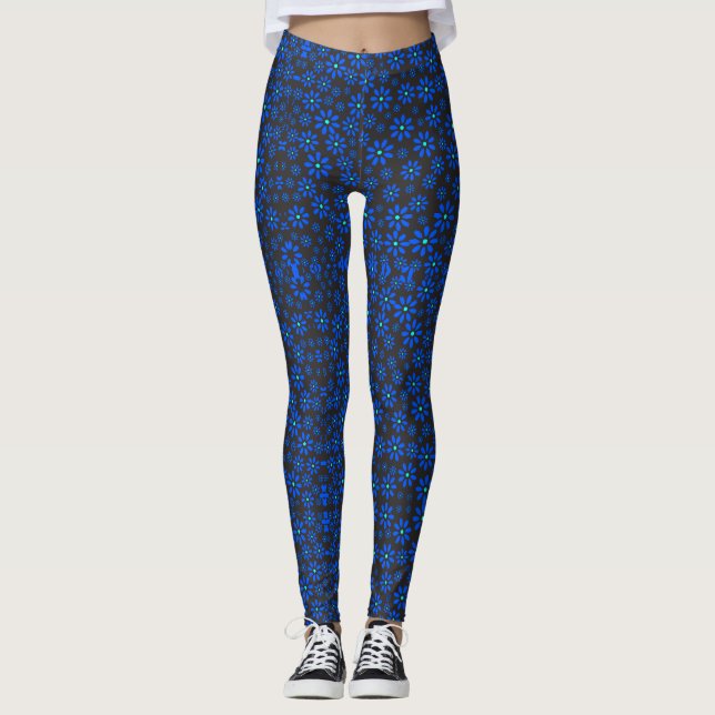 Tiny Flowers Pattern.Blue 01.b DGrey BG Leggings (Front)