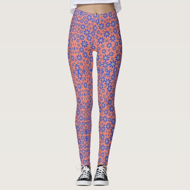Tiny Flowers Pattern.Blue 01.b Orange BG Leggings (Front)