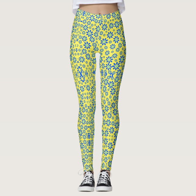 Tiny Flowers Pattern.Blue 01.b Yellow BG Leggings (Front)