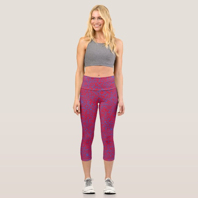 Tiny Flowers Pattern.Blue 02.b Red BG Capri Leggings (Front)