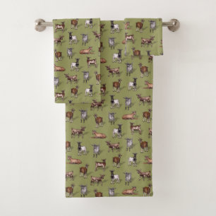 Tiny Goats on Green - Goat Herd Pattern Bath Towel Set