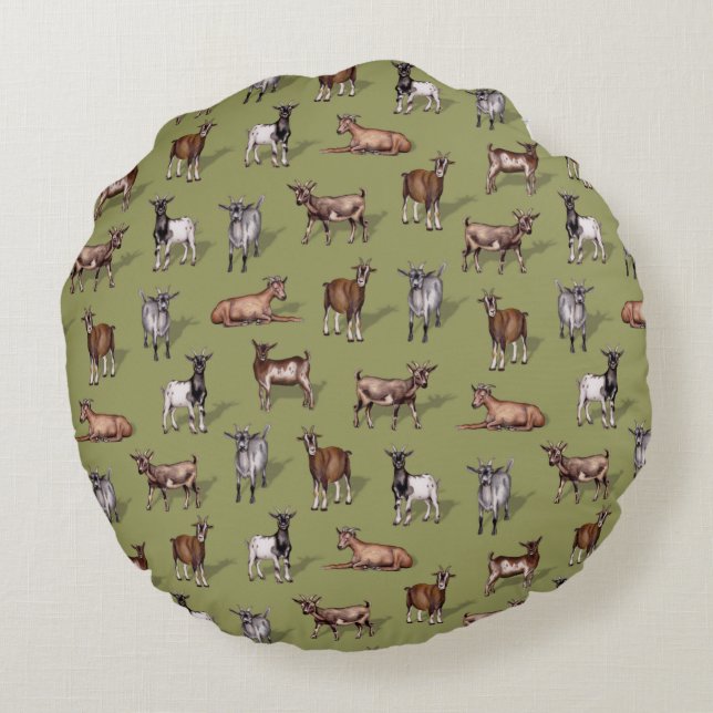Tiny Goats on Green - Goat Herd Pattern Round Cushion (Back)