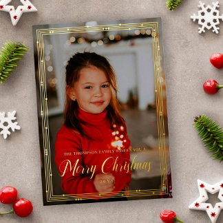 Tiny Gold Bead Frame Merry Christmas Photo Foil Holiday Card