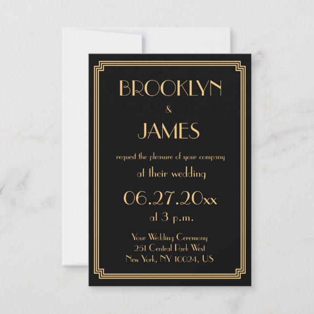 Tiny Great Gatsby Art Deco Black Wedding Invites (Front)