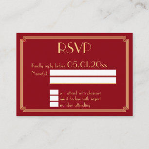 Tiny Great Gatsby Art Deco Red Gold Wedding RSVP Enclosure Card