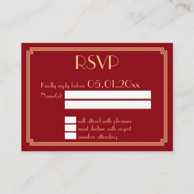 Tiny Great Gatsby Art Deco Red Gold Wedding RSVP Enclosure Card (Front)