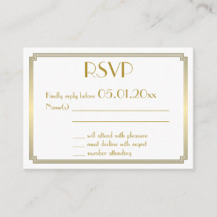 Tiny Great Gatsby Art Deco White Gold Wedding RSVP Enclosure Card