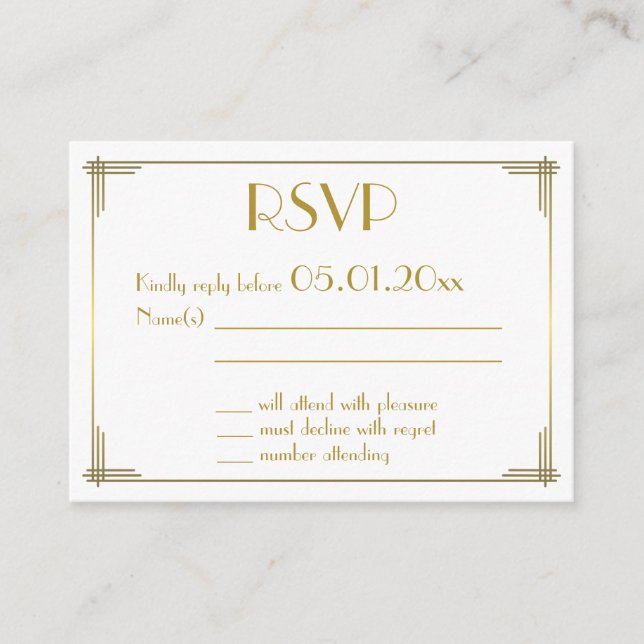Tiny Great Gatsby Gold Art Deco Wedding RSVP Enclosure Card (Front)