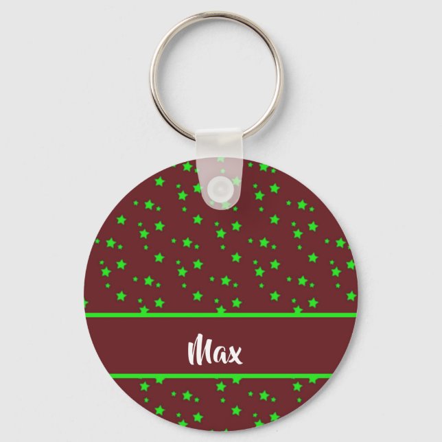 Tiny green stars on brown key ring (Front)