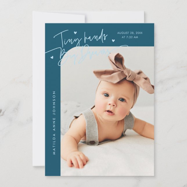 Tiny Hands Big Dreams Script Teal Photo Birth Announcement (Front)