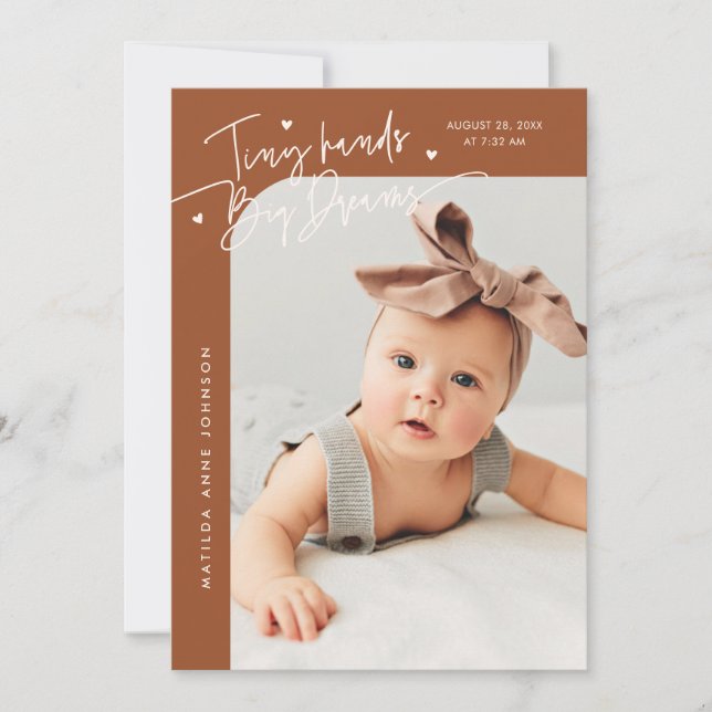Tiny Hands Big Dreams Script Terracotta Birth Announcement (Front)