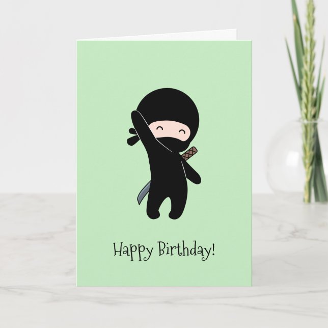 Tiny Happy Ninja on Green Birthday Card (Front)