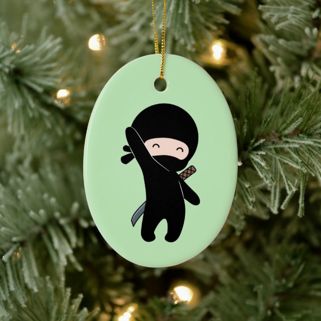 Tiny Happy Ninja on Green Ceramic Tree Decoration (Tree)