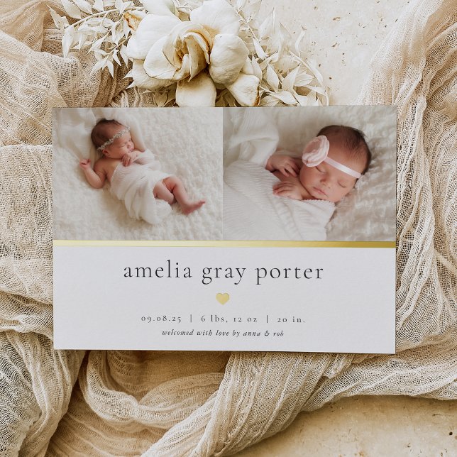 Tiny Heart | Two Photo Foil Birth Announcement (Creator Uploaded)