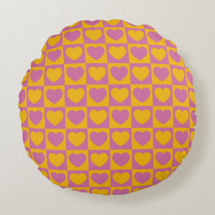 Tiny hearts chess grid seamless pattern. Cute litt Round Cushion