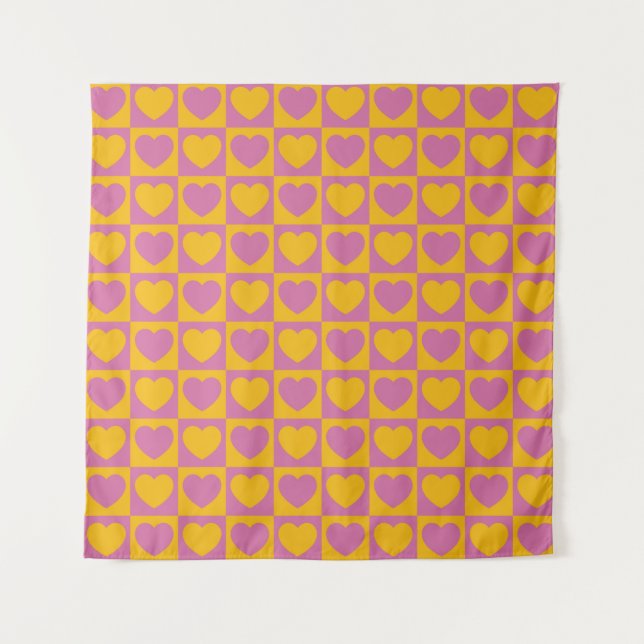 Tiny hearts chess grid seamless pattern. Cute litt Tapestry (Front)