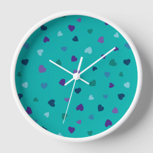 Tiny Hearts, Purple, Teal, Blue on Turquoise Clock