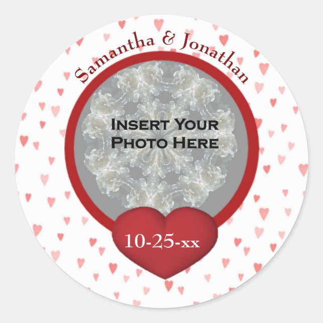 Tiny Hearts Wedding Photo Personalised  Classic Round Sticker (Front)