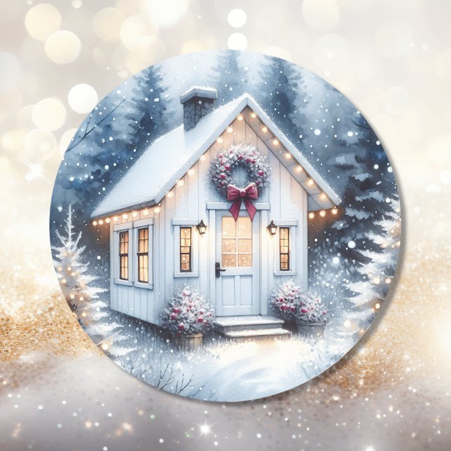 Tiny Home in a Magical Winter Forest Christmas Classic Round Sticker (Creator Uploaded)