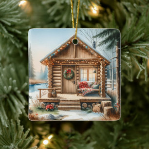 Tiny Home Log Cabin in the Winter Woods Christmas Ceramic Ornament