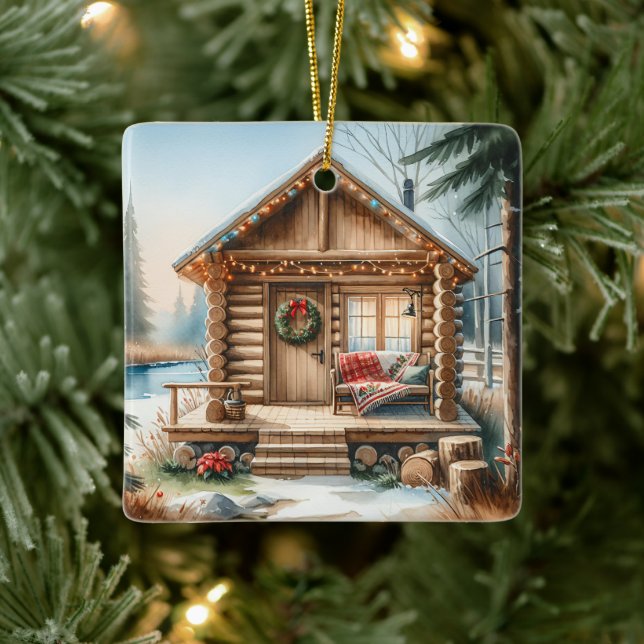 Tiny Home Log Cabin in the Winter Woods Christmas Ceramic Ornament (Tree)