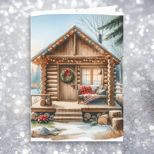 Tiny Home Log Cabin in the Winter Woods Christmas Holiday Card (Creator Uploaded)