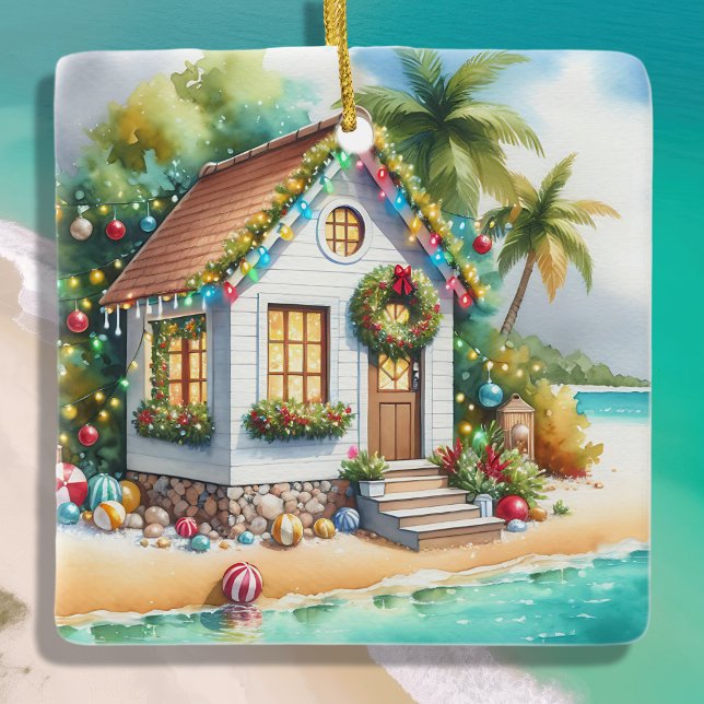 Tiny Home on the Beach Festive Christmas Ceramic Ornament (Creator Uploaded)