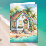 Tiny Home on the Beach Festive Christmas Holiday Card<br><div class="desc">Personalised Christmas card. Cute little white festive tiny house on a beach with pretty festive Christmas decorations like wreaths,  garland and Christmas lights on palm trees. On the inside of the card you can add your own custom holiday message.</div>