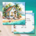 Tiny Home on the Beach Festive Christmas Holiday Card<br><div class="desc">Personalised Christmas card. Cute little white festive tiny house on a beach with pretty festive Christmas decorations like wreaths,  garland and Christmas lights on palm trees. On the back of the card you can add your own custom holiday message.</div>