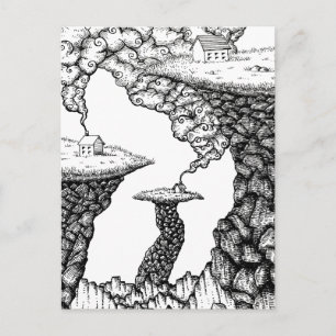 Tiny Houses on Rocky Cliffs Illustration Postcard