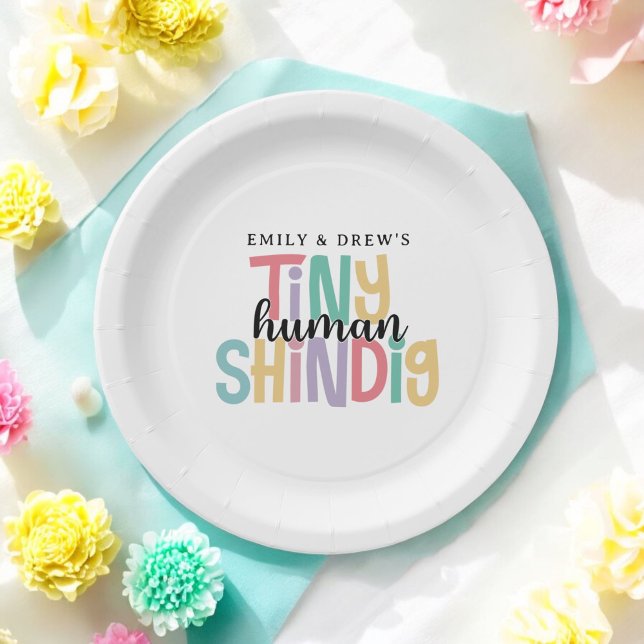Tiny Human Shindig Cute Couple's Baby Shower Paper Plate (Plates available in 9-inch and 7-inch diameter sizes.)