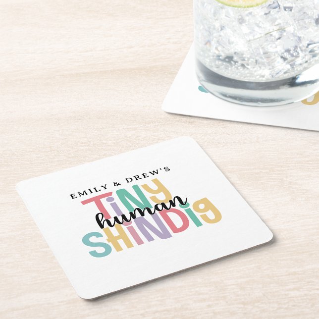 Tiny Human Shindig Cute Couple's Baby Shower Square Paper Coaster (Creator Uploaded)