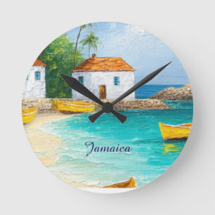 Tiny jamaican houses and skiffs round clock