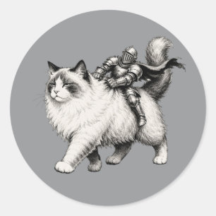 Tiny Knight Riding Grumpy Fluffy Cat Mediaeval Arm Classic Round Sticker