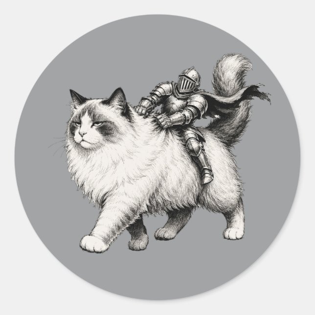 Tiny Knight Riding Grumpy Fluffy Cat Mediaeval Arm Classic Round Sticker (Front)