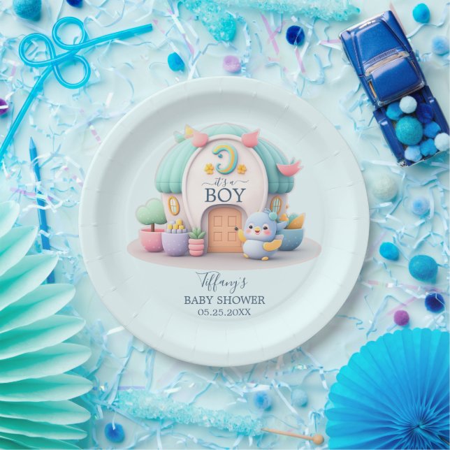Tiny little house with dragon Boy Baby Shower Paper Plate (Party)