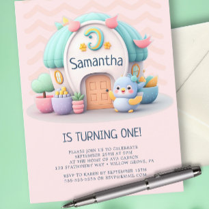 Tiny little house with dragon Girl Baby Birthday Invitation Postcard