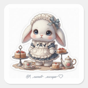 Tiny Maid Bunny - Antique Cafe Style Kawaii Art Square Sticker