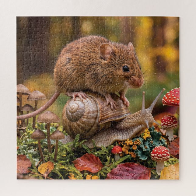 Tiny Mouse Riding Snail in Autumn Forest  Jigsaw Puzzle (Vertical)