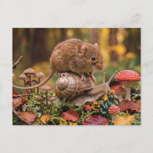 Tiny Mouse Riding Snail in Autumn Forest Postcard