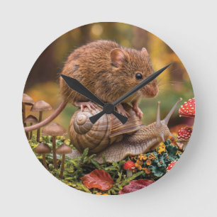 Tiny Mouse Riding Snail in Autumn Forest Round Clock