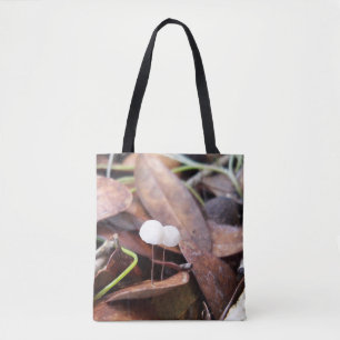 Tiny Mushrooms on an all-over printed tote Bag