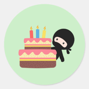 Tiny Ninja Behind Birthday Cake Green Classic Round Sticker